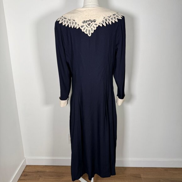 Vintage Navy Maxi Dress Lace Statement Collar Long Sleeve Modest Victorian L - Picture 6 of 13